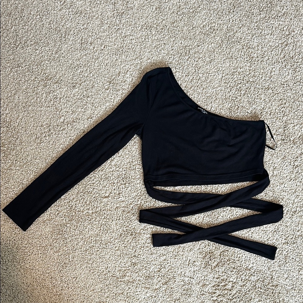 Black One-Shoulder Wrap Top